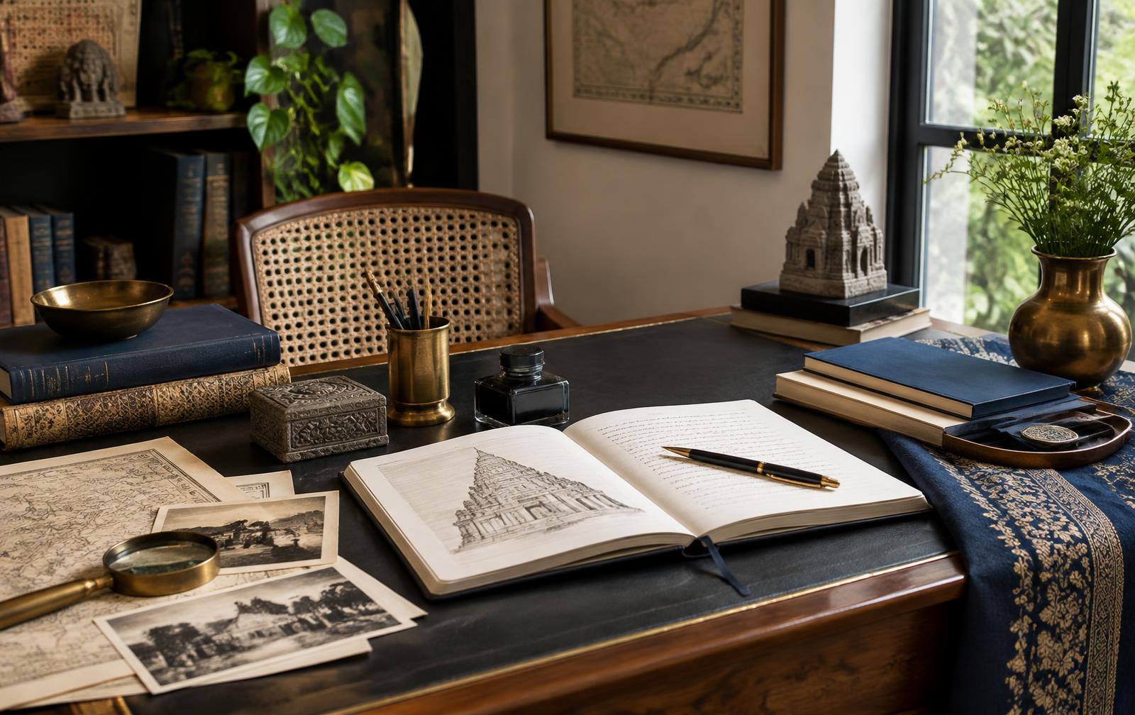 A refined academic study table with archival research papers and notebooks
